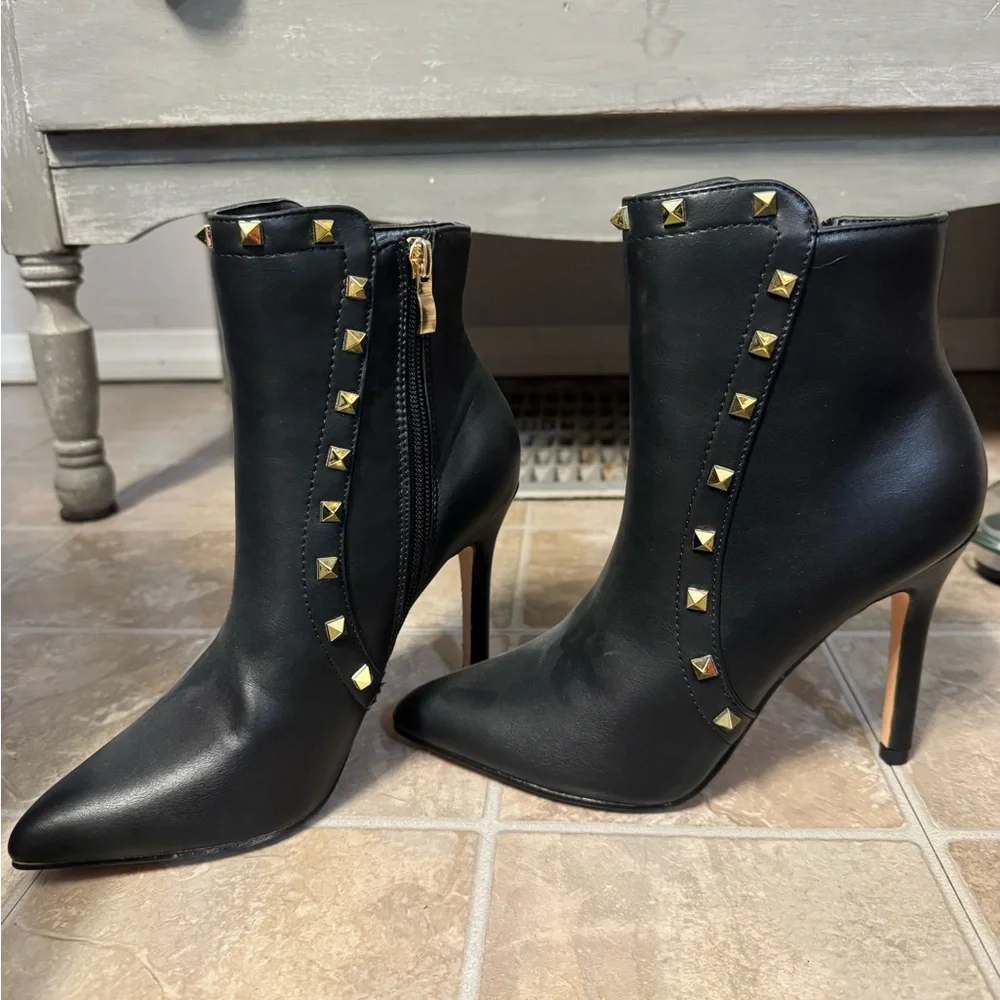 Nicole Miller Black Ankle Boots with Gold Studs - Picture 2 of 4